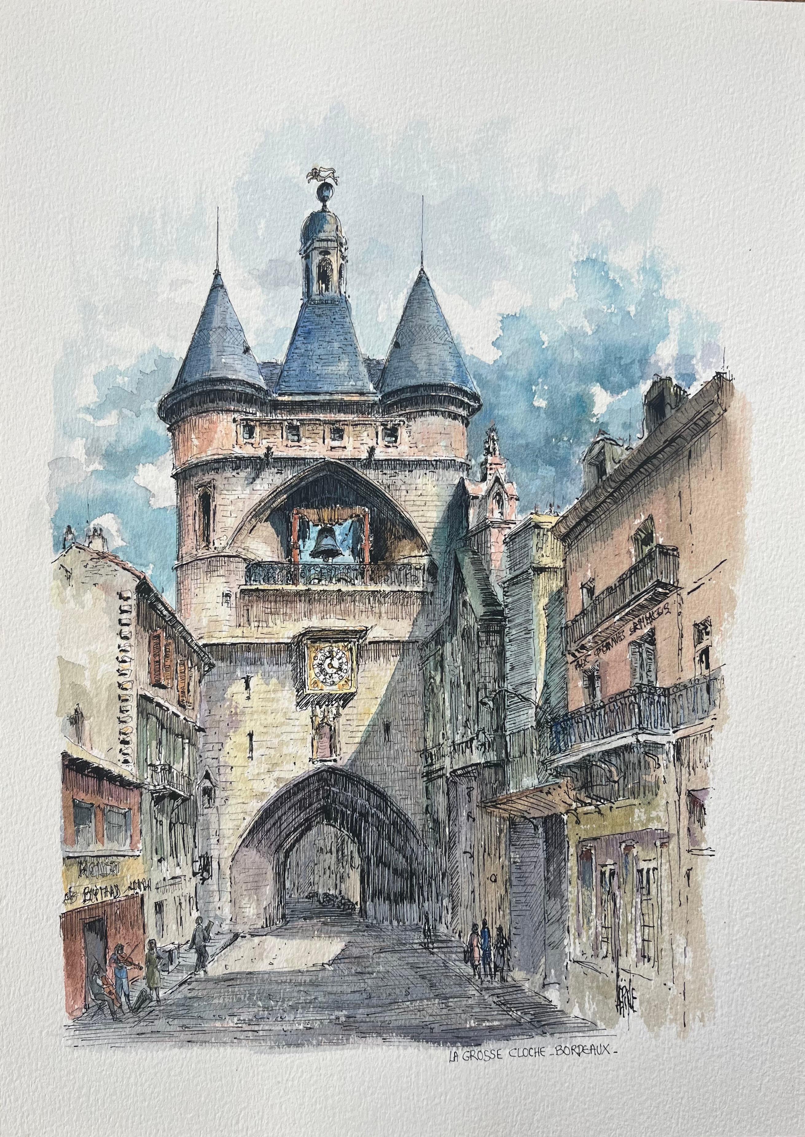 Robert Lepine (1929 - 2017) Landscape Art - French Watercolor of "La Grosse Cloche, Bordeaux" with Architectural Detailing