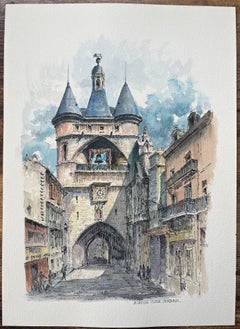 French Watercolor of "La Grosse Cloche, Bordeaux" with Architectural Detailing