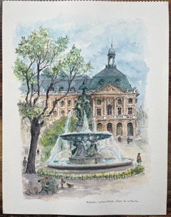 French Watercolor of "Les Trois Grâces, Place de la Bourse, Bordeaux