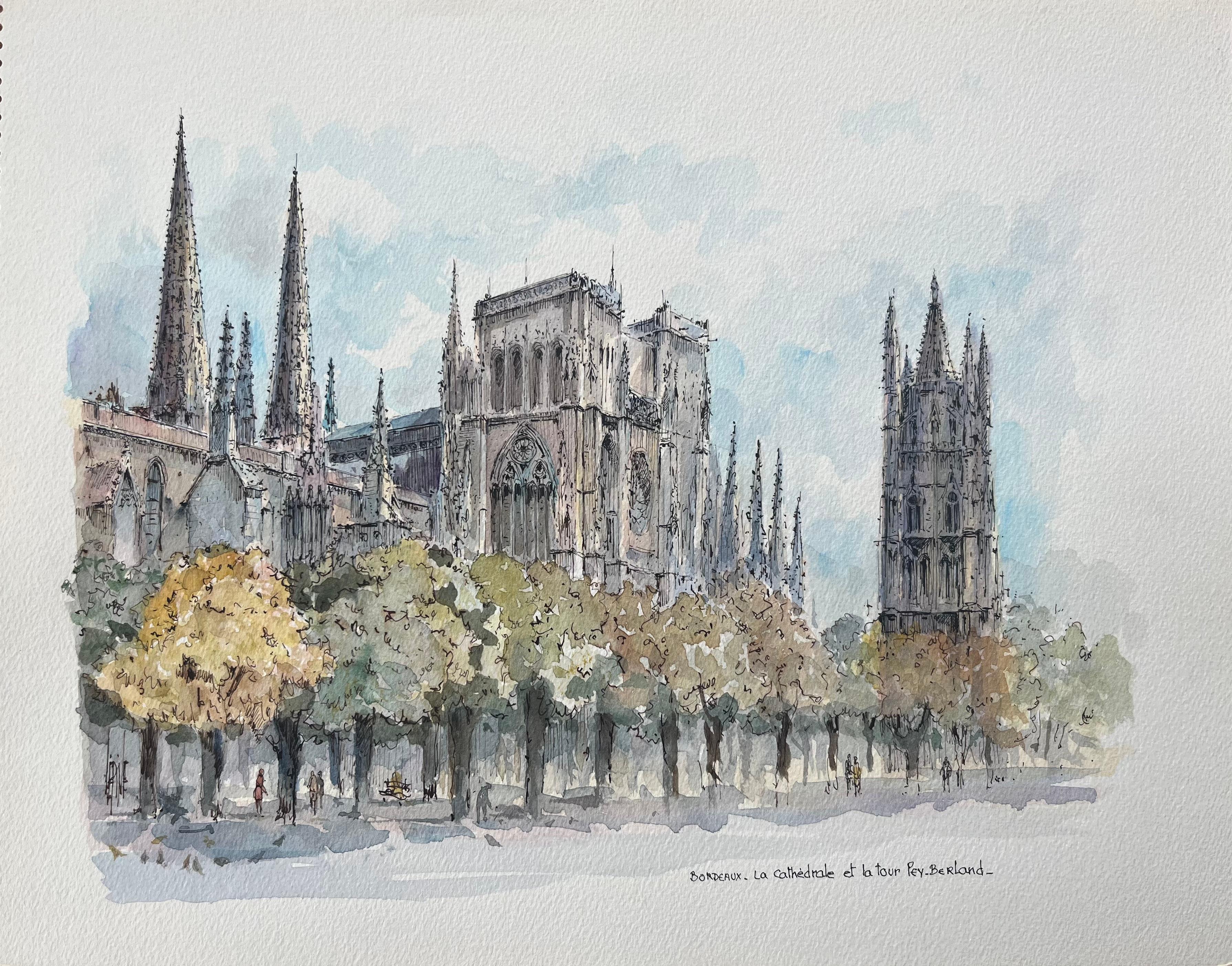 Robert Lepine (1929 - 2017) Landscape Art - French Watercolor of Bordeaux: La Cathédrale et La Tour Pey-Berland