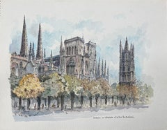 Acuarela francesa de Burdeos: La Cathédrale et La Tour Pey-Berland