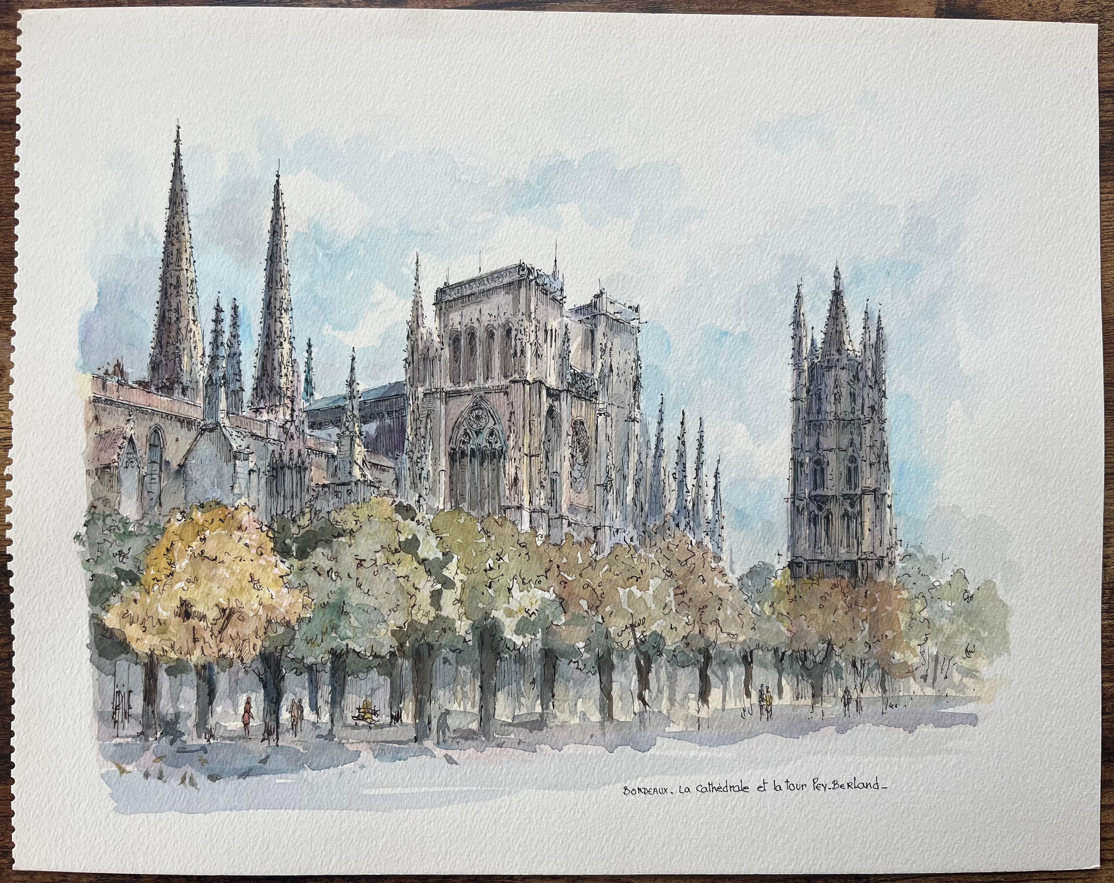 French Watercolor of Bordeaux: La Cathédrale et La Tour Pey-Berland - Art by Robert Lepine (1929 - 2017)