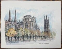 French Watercolor of Bordeaux: La Cathédrale et La Tour Pey-Berland
