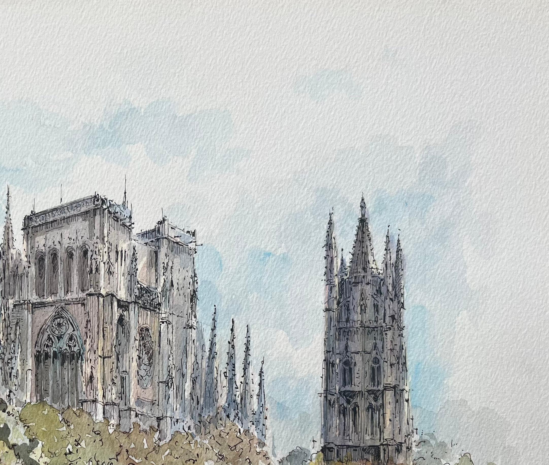 French Watercolor of Bordeaux: La Cathédrale et La Tour Pey-Berland - Gray Landscape Art by Robert Lepine (1929 - 2017)