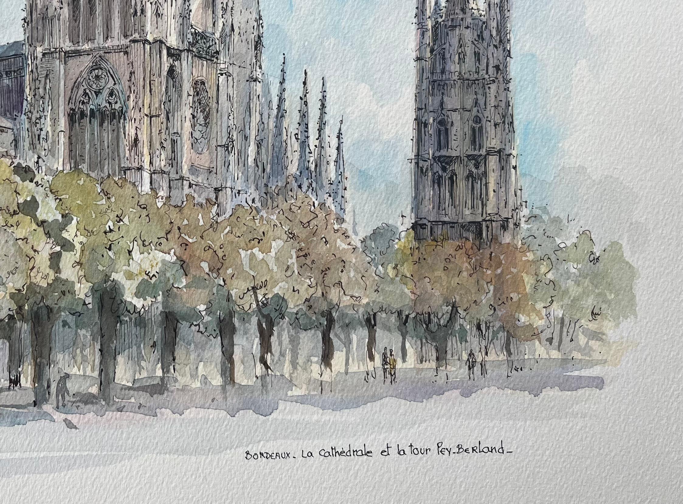 French Watercolor of Bordeaux: La Cathédrale et La Tour Pey-Berland - French School Art by Robert Lepine (1929 - 2017)