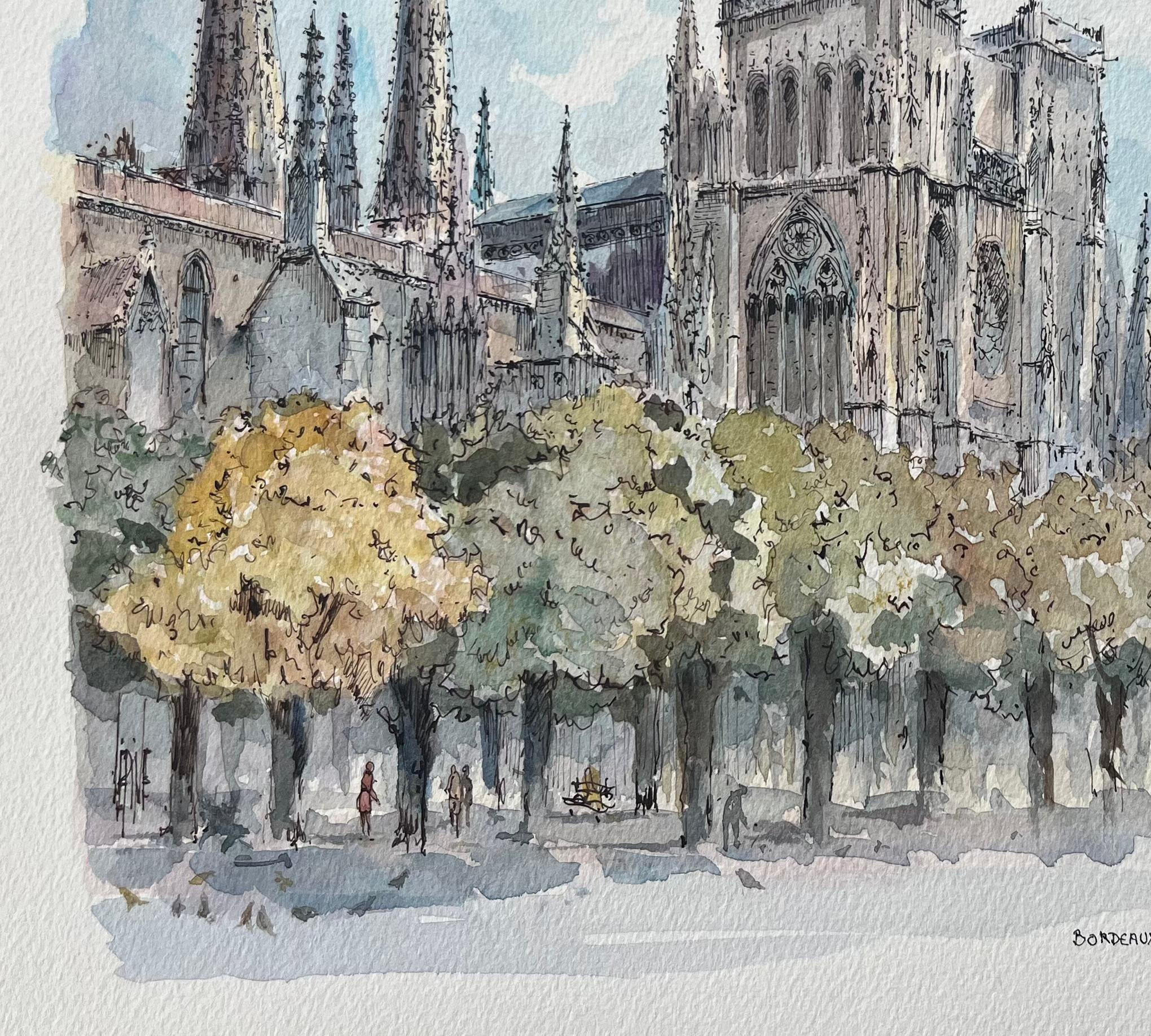 Title: French Watercolor of Bordeaux: La Cathédrale et La Tour Pey-Berland
by Robert Lepine (French, 1929 - 2017)
Signed: Yes
Medium: Watercolor painting on artists paper, unframed
Size: 10.75 x 13.5 (height x width)
Condition: Very