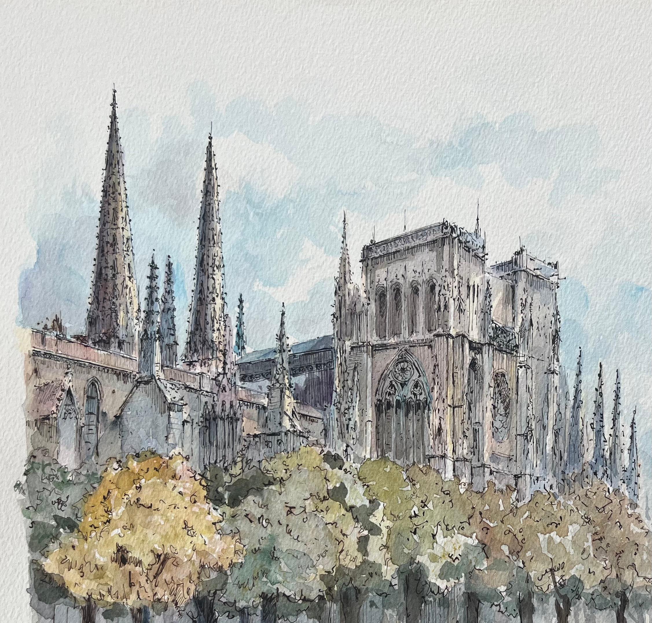 French Watercolor of Bordeaux: La Cathédrale et La Tour Pey-Berland For Sale 1