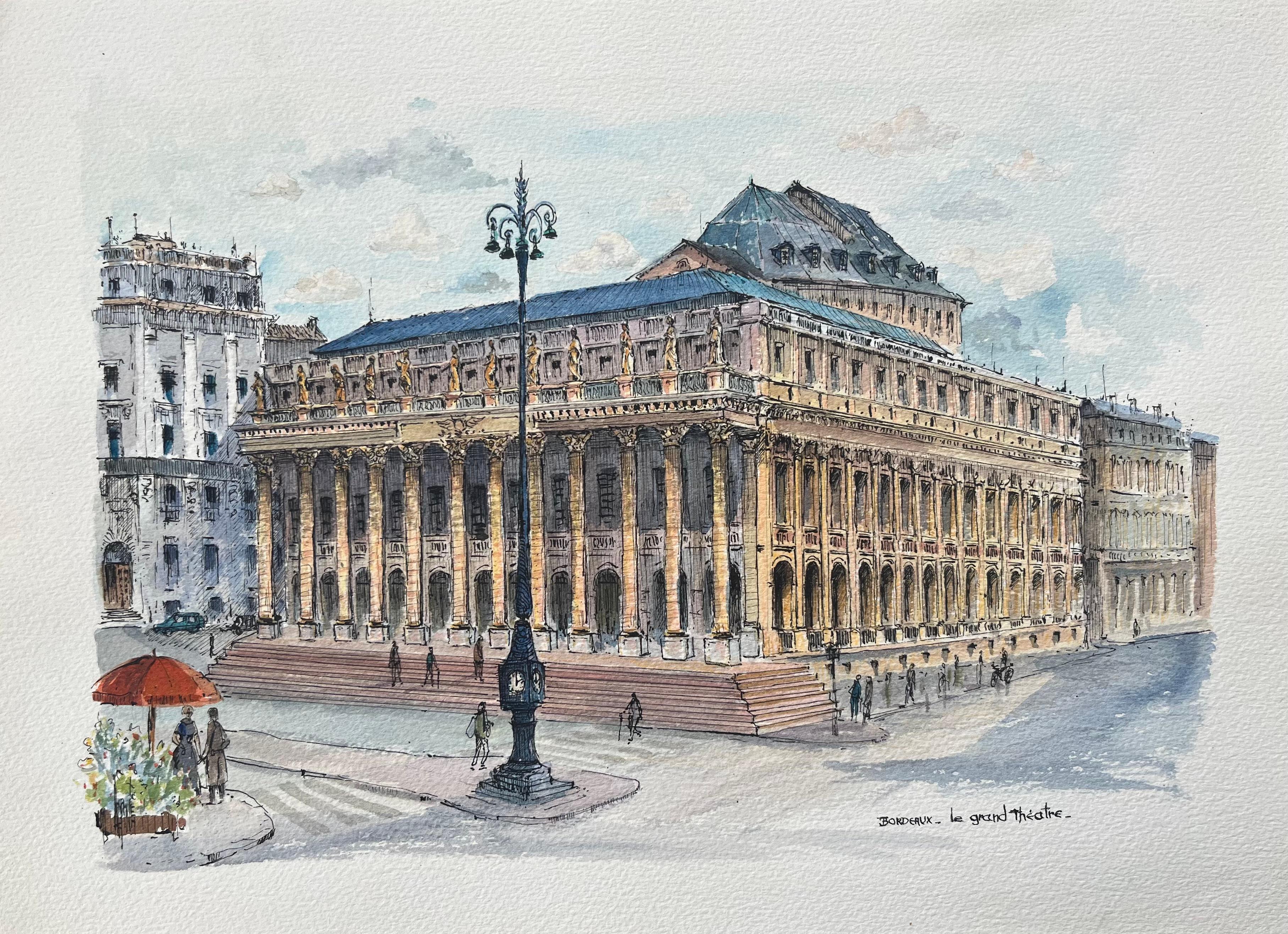 Robert Lepine (1929 - 2017) Landscape Art – Französisches Aquarell von "Bordeaux: Le Grand Théâtre"