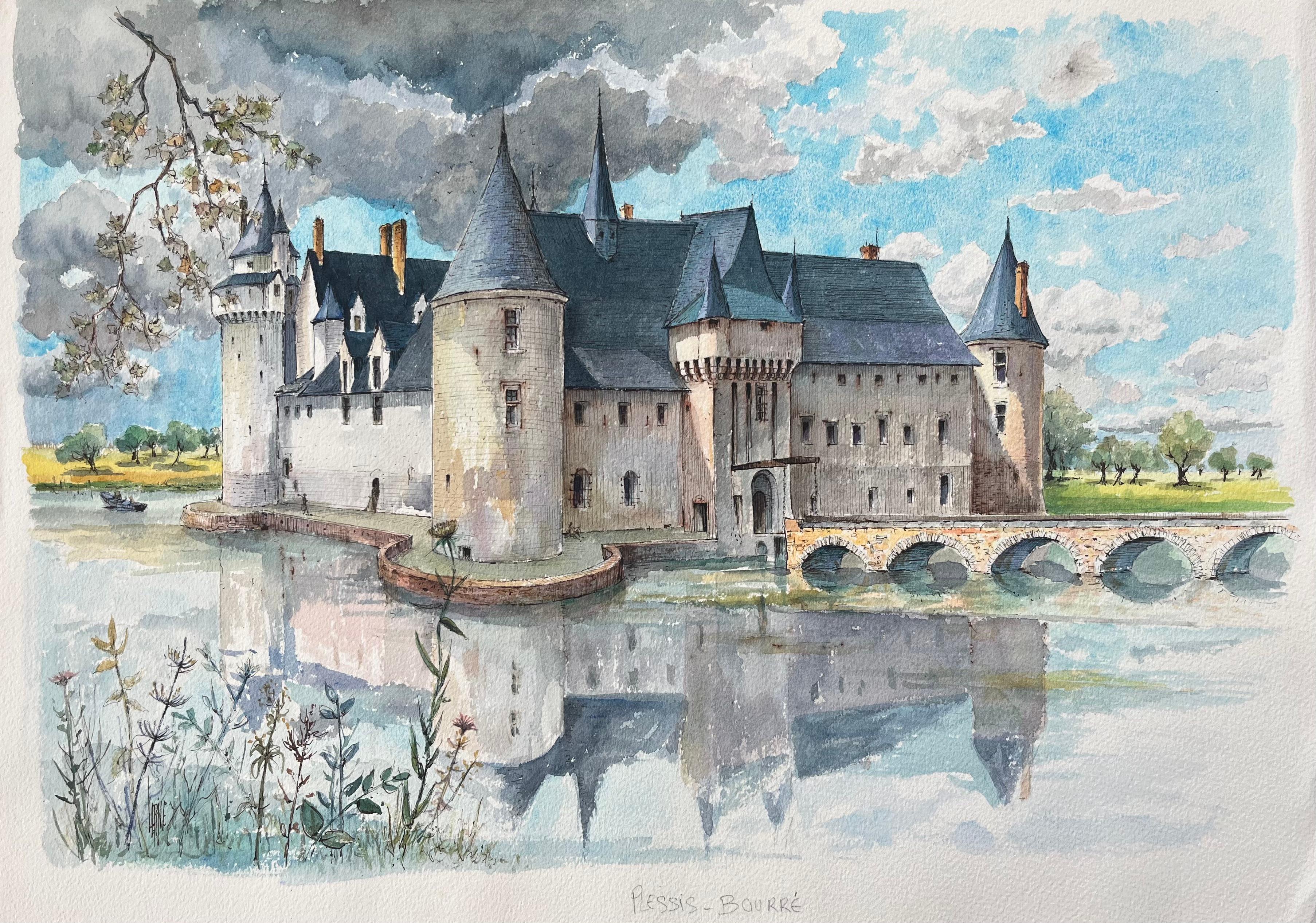Landscape Art de Robert Lepine (1929 - 2017) - Acuarela francesa del "Castillo de Plessis-Bourré" reflejado en aguas tranquilas