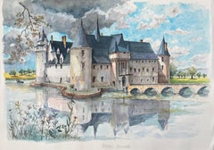 Acuarela francesa del "Castillo de Plessis-Bourré" reflejado en aguas tranquilas