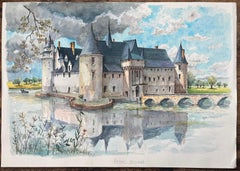 French Watercolor of "Château de Plessis-Bourré" Reflected on Tranquil Waters