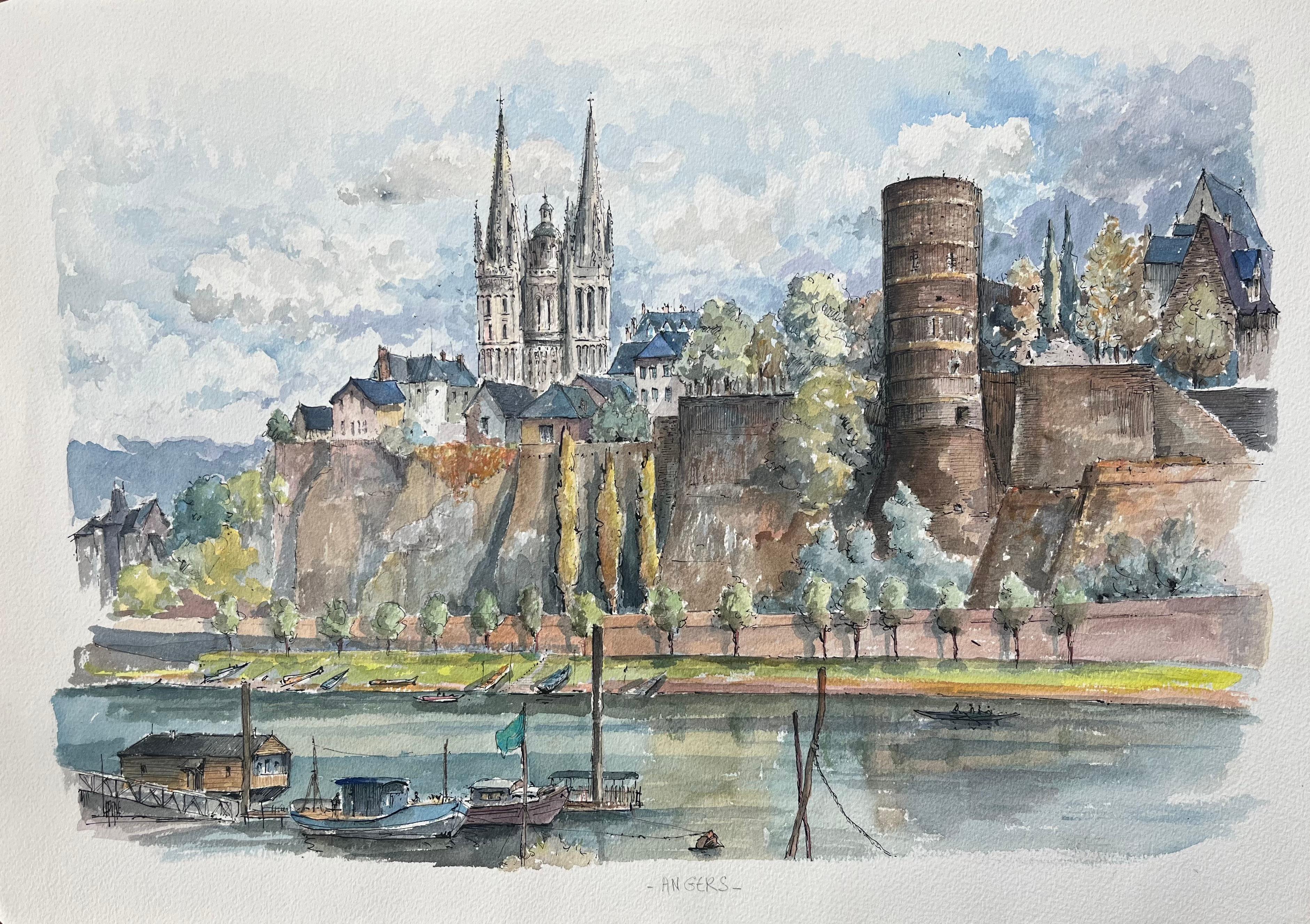 Acquerello francese di "Angers con castello e cattedrale" lungo il fiume Maine