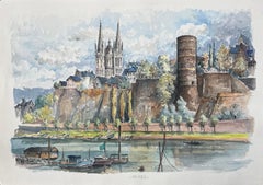 Französisches Aquarell von "Angers mit Schloss und Kathedrale" entlang des Maine-Flusses
