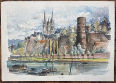 French Watercolor of "Angers with Château and Cathedral" Along the Maine River