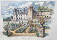 Acuarela francesa de "Castillo de Villandry con jardines formales"