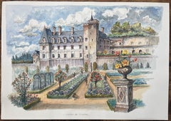 French Watercolor of "Château de Villandry with Formal Gardens"