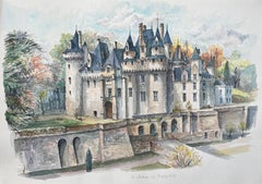 Französisches Aquarell von "Château de Rigny-Ussé in herbstlicher Umgebung".