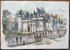 French Watercolor of "Château de Rigny-Ussé in an Autumn Setting"