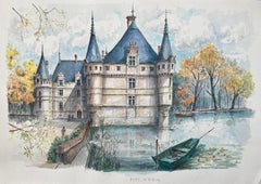 Acuarela francesa del "Castillo de Azay-le-Rideau rodeado por el río Indre