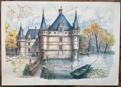 French Watercolor of "Château d'Azay-le-Rideau Surrounded by the Indre River