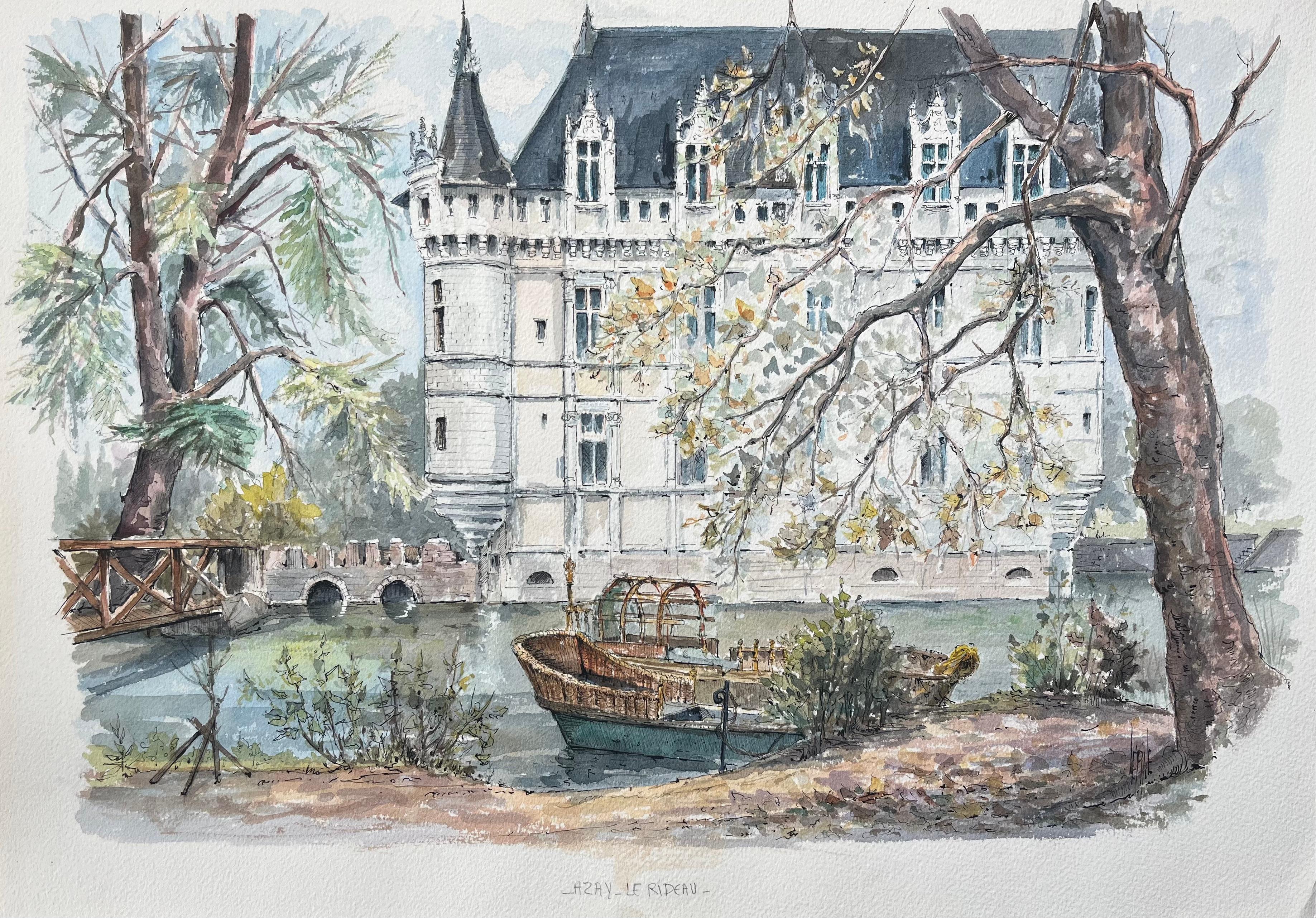 Robert Lepine (1929 - 2017) Landscape Painting - French Watercolor of Château d'Azay-le-Rideau with Riverside Details and Boat