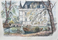 Acuarela francesa del castillo de Azay-le-Rideau con detalles ribereños y barca