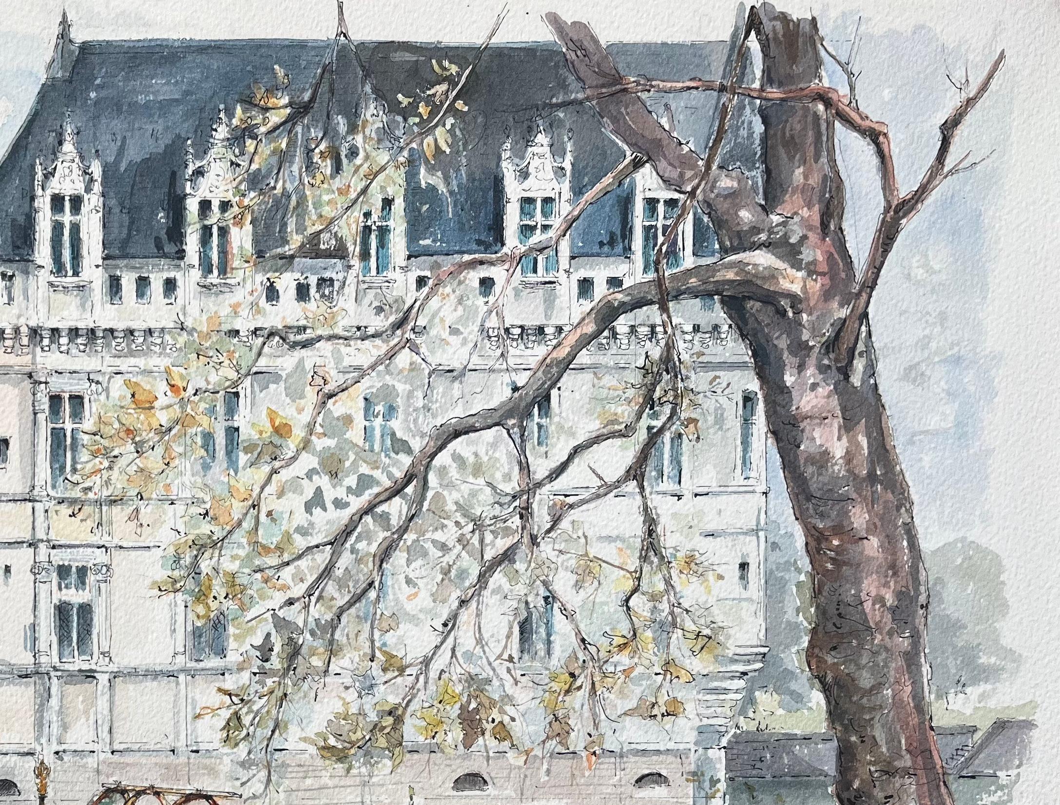 French Watercolor of Château d'Azay-le-Rideau with Riverside Details and Boat - Gray Landscape Painting by Robert Lepine (1929 - 2017)