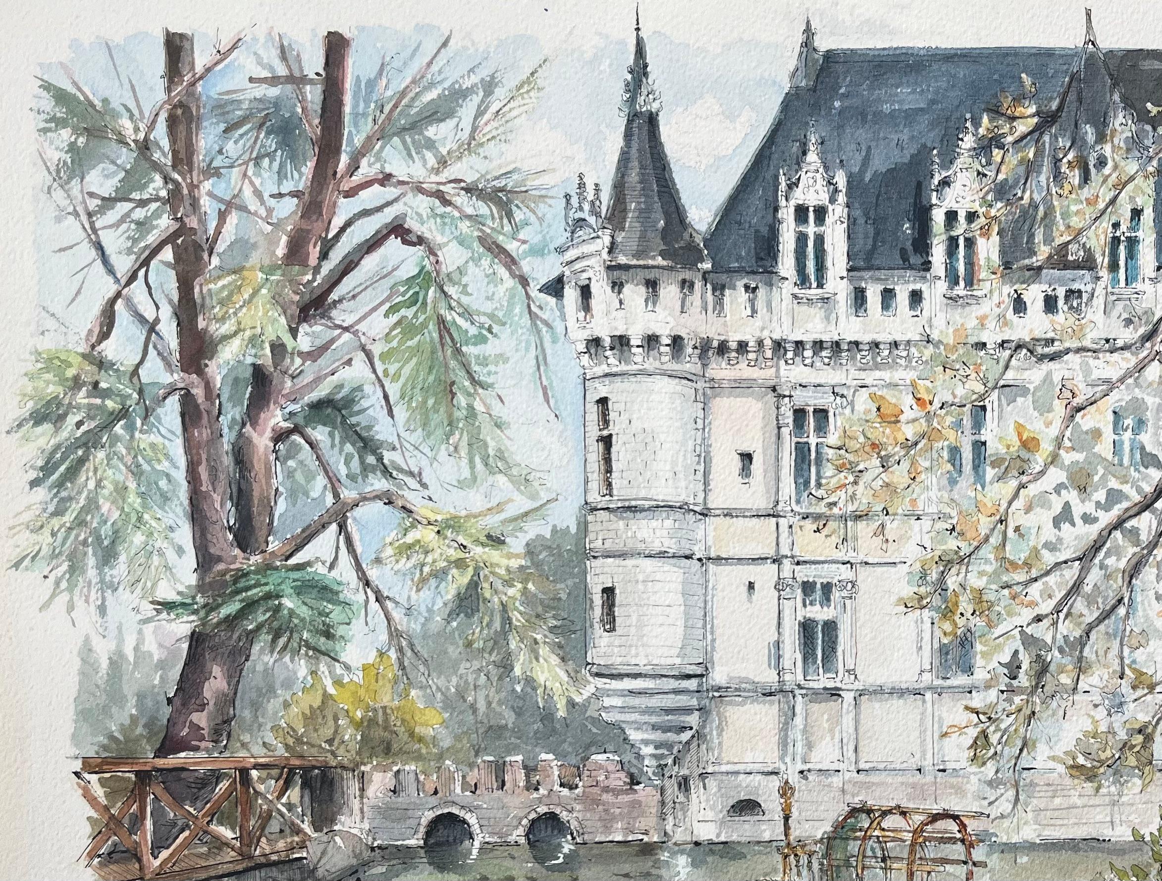 French Watercolor of Château d'Azay-le-Rideau with Riverside Details and Boat For Sale 1