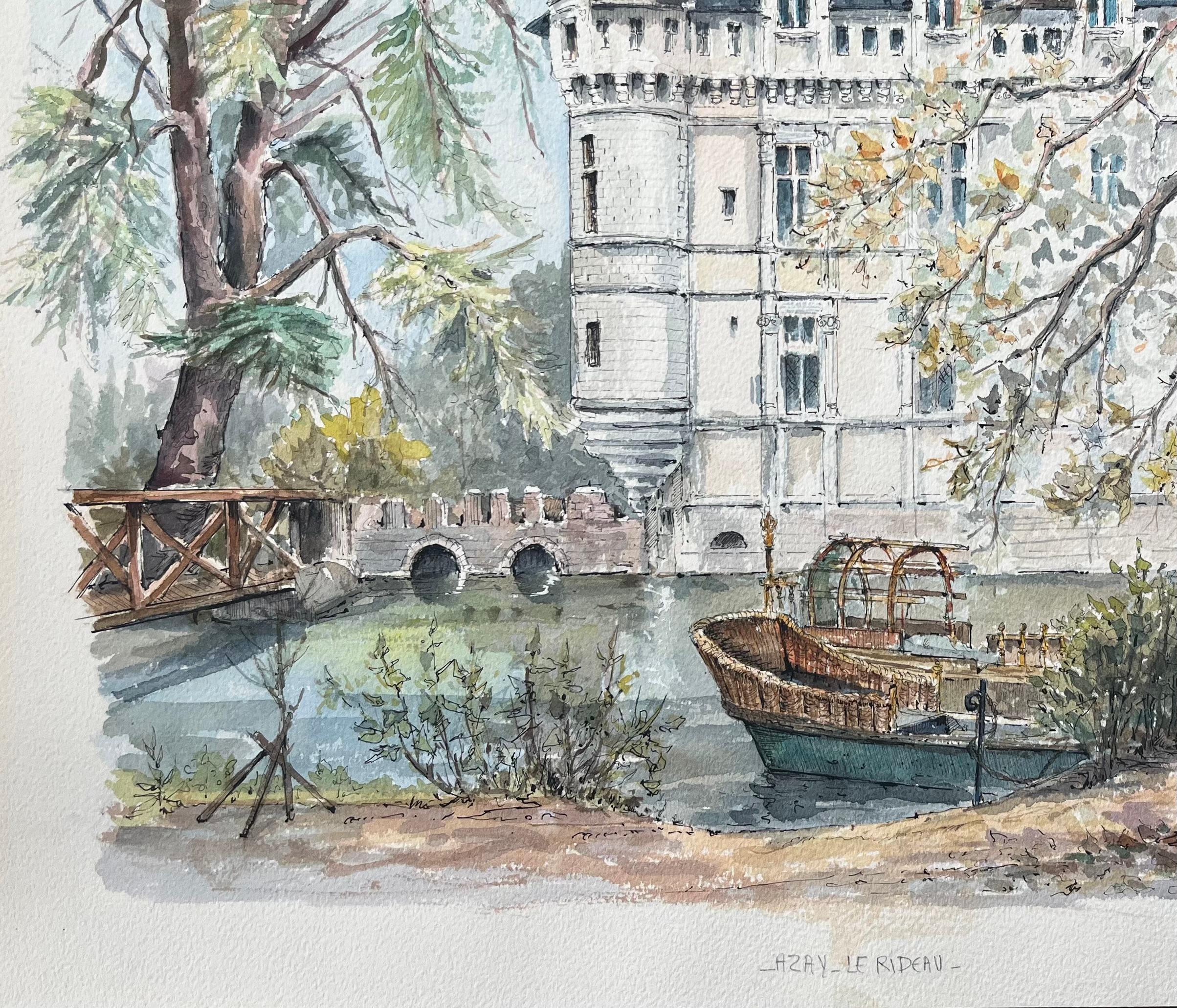 Title: French Watercolor of Château d'Azay-le-Rideau with Riverside Details and Boat
by Robert Lepine (French, 1929 - 2017)
Signed: Yes
Medium: Watercolor painting on artists paper, unframed
Size: 14.25 x 20 (height x width)
Condition: Very