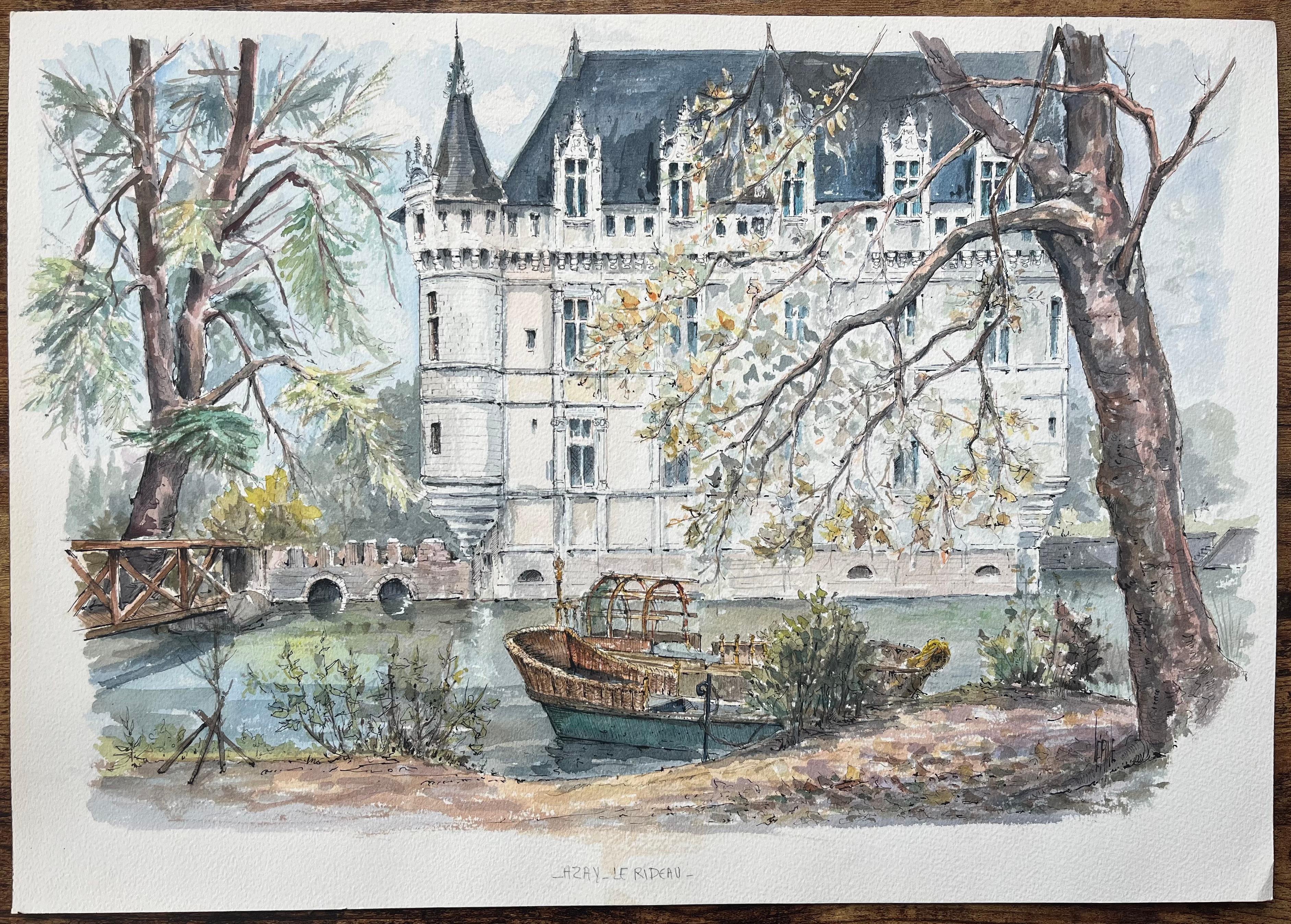 French Watercolor of Château d'Azay-le-Rideau with Riverside Details and Boat - Painting by Robert Lepine (1929 - 2017)