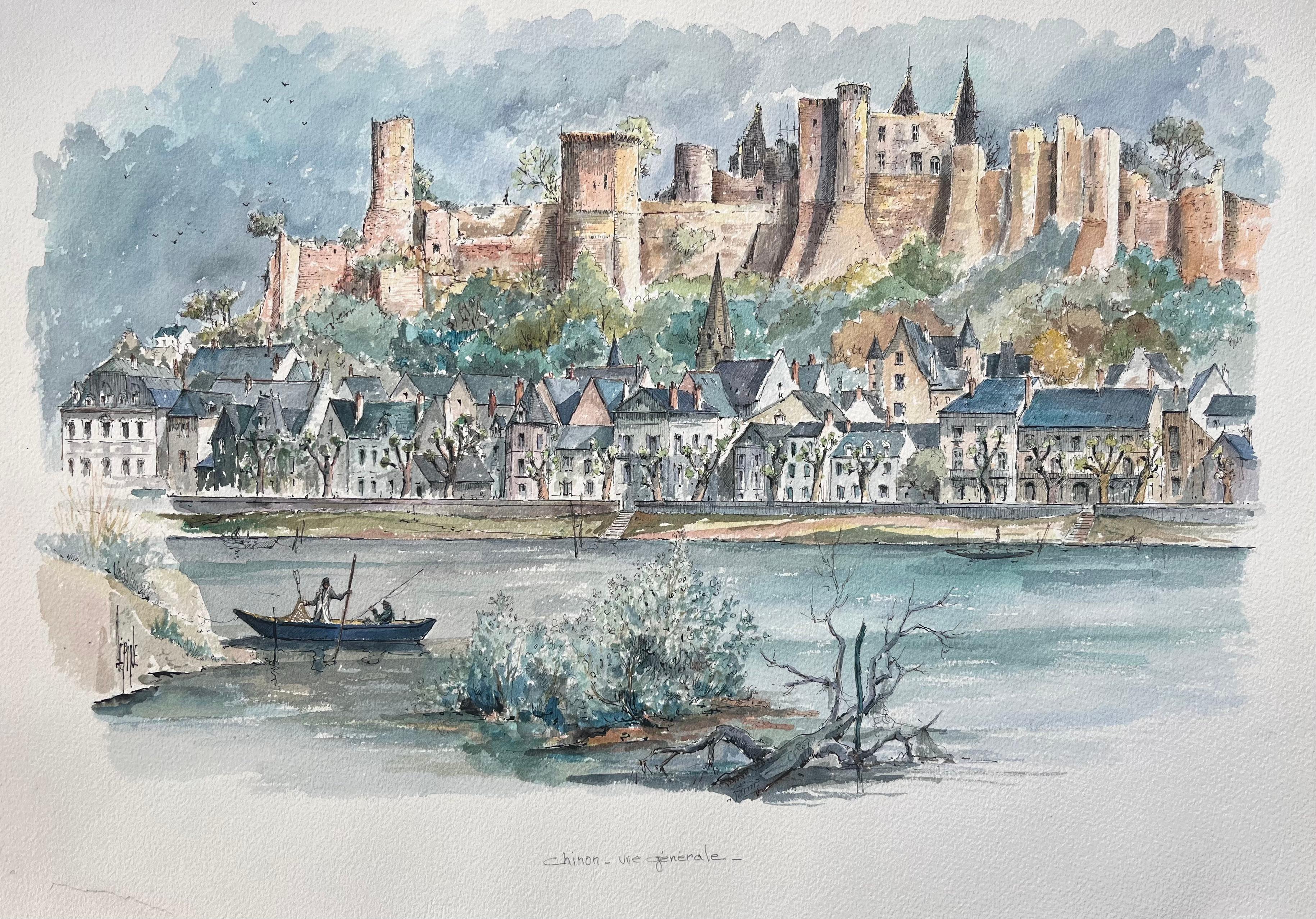 Französisches Aquarell von Chinon: Vue Générale mit Château und Flusslandschaft