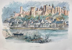 Französisches Aquarell von Chinon: Vue Générale mit Château und Flusslandschaft