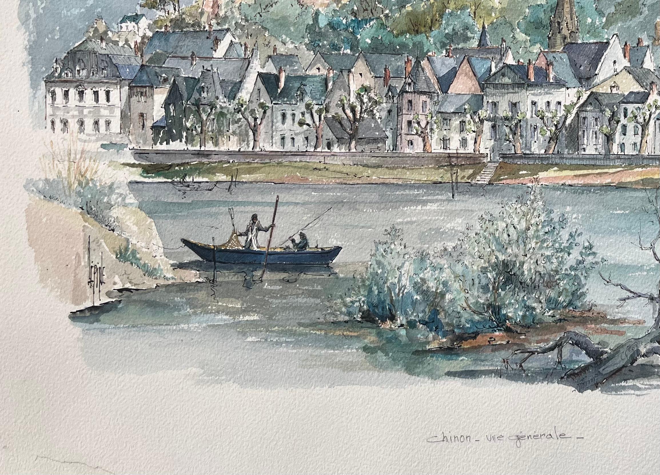 Französisches Aquarell von Chinon: Vue Générale mit Château und Flusslandschaft (Französische Schule), Painting, von Robert Lepine (1929 - 2017)