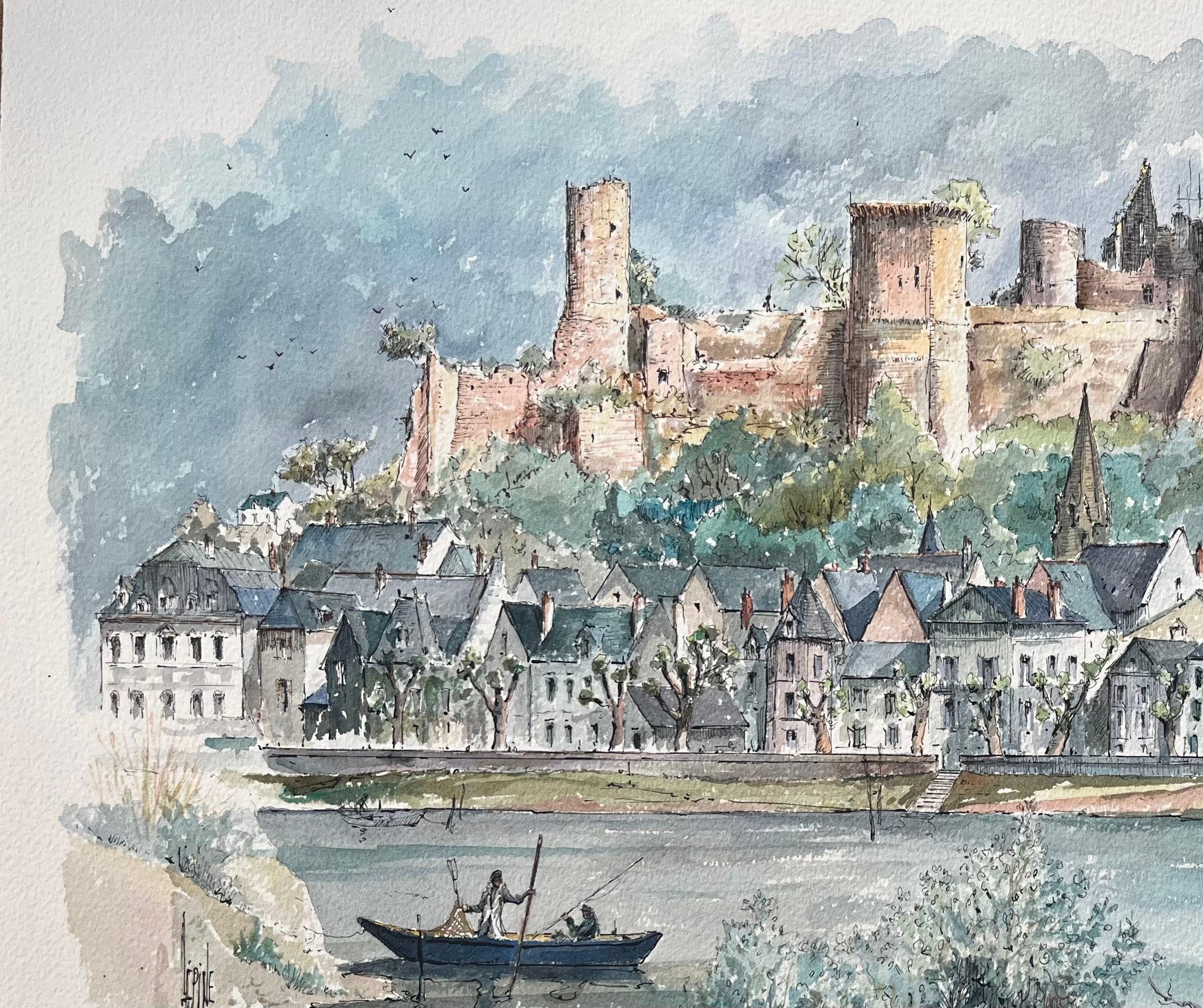 Titel: Französisches Aquarell von Chinon: Vue Générale mit Château und Flussszene
von Robert Lepine (Franzose, 1929 - 2017)
Unterschrieben: Ja
Medium: Aquarellmalerei auf Künstlerpapier, ungerahmt
Größe: 14,25 x 20 (Höhe x Breite)
Zustand: Gut. In