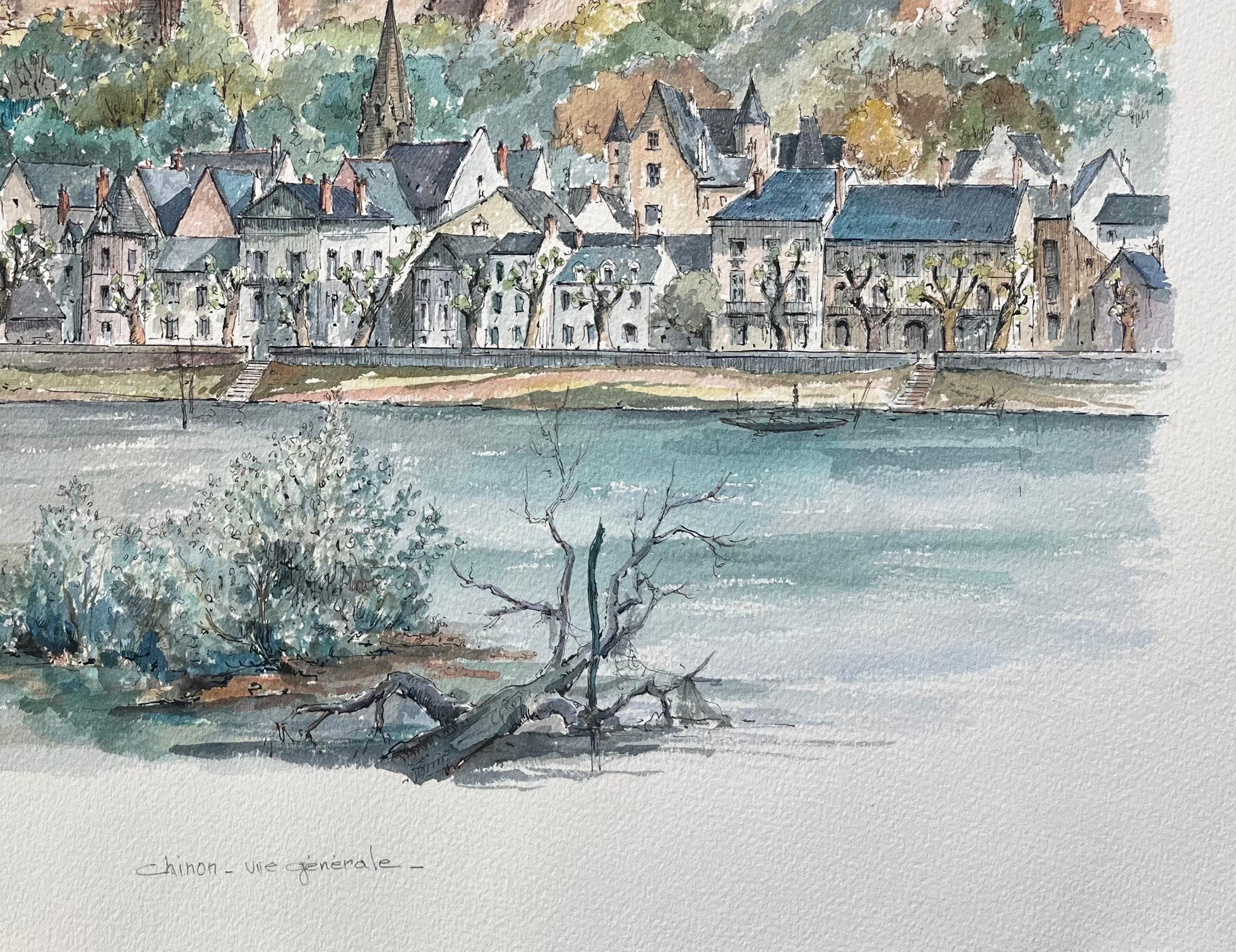 Französisches Aquarell von Chinon: Vue Générale mit Château und Flusslandschaft (Grau), Landscape Painting, von Robert Lepine (1929 - 2017)