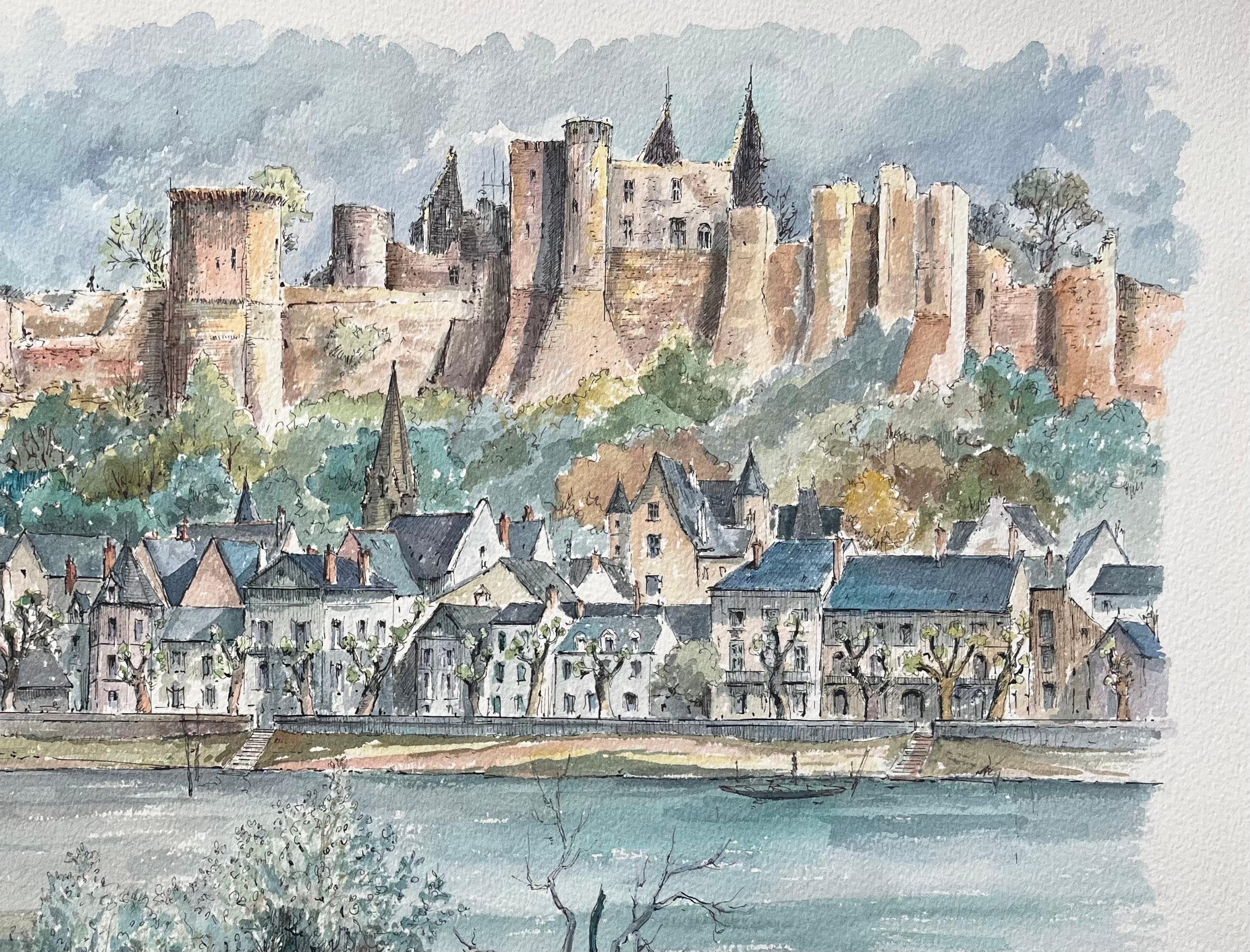 Französisches Aquarell von Chinon: Vue Générale mit Château und Flusslandschaft im Angebot 1