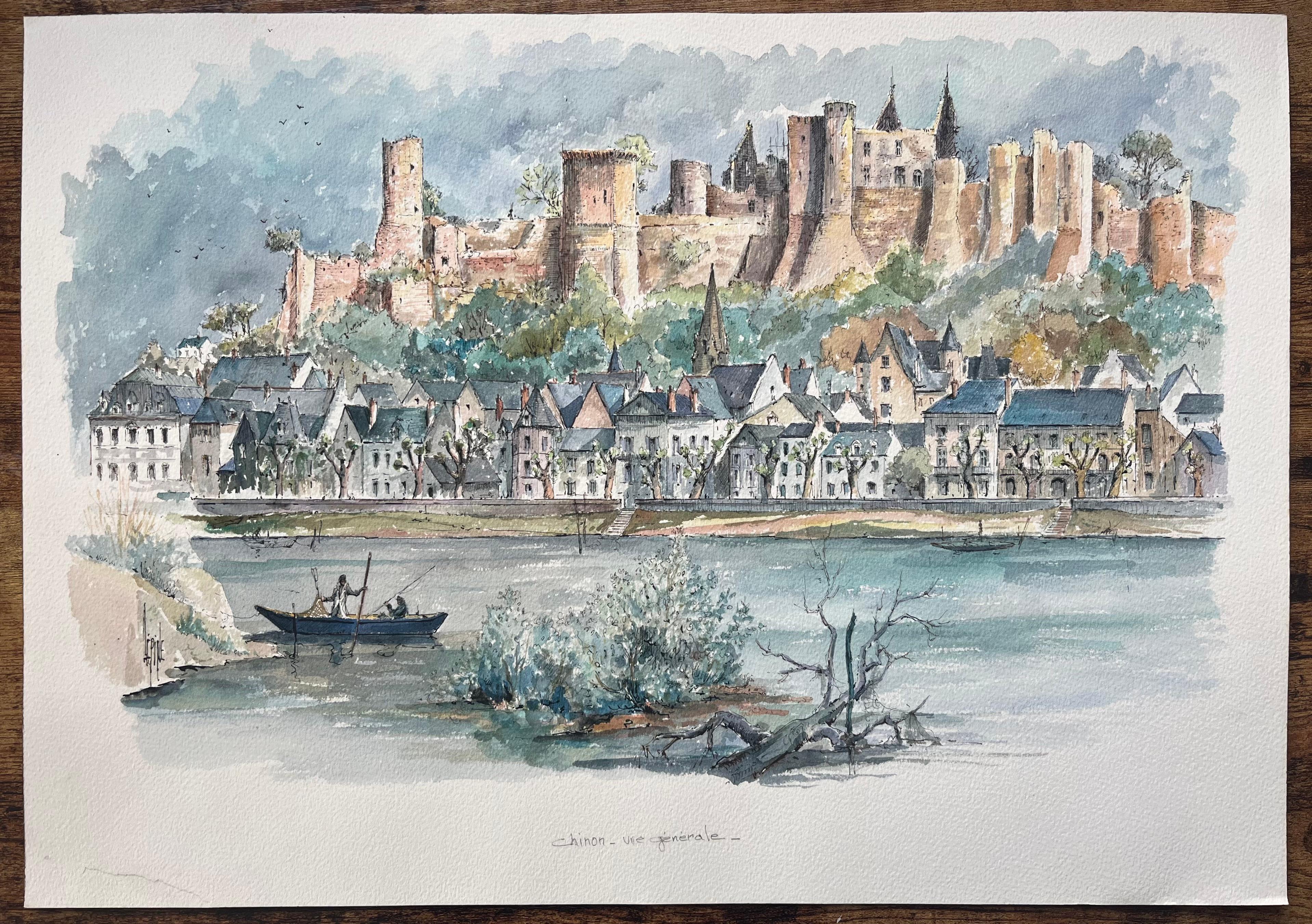 Französisches Aquarell von Chinon: Vue Générale mit Château und Flusslandschaft – Painting von Robert Lepine (1929 - 2017)