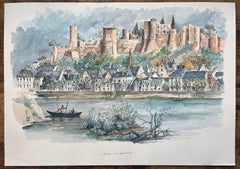 Acquerello francese di Chinon: Vue Générale con castello e scena sul fiume