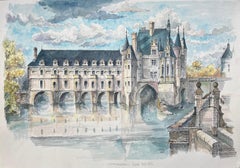 Acuarela francesa del castillo de Chenonceau: Perspectiva desde el noreste
