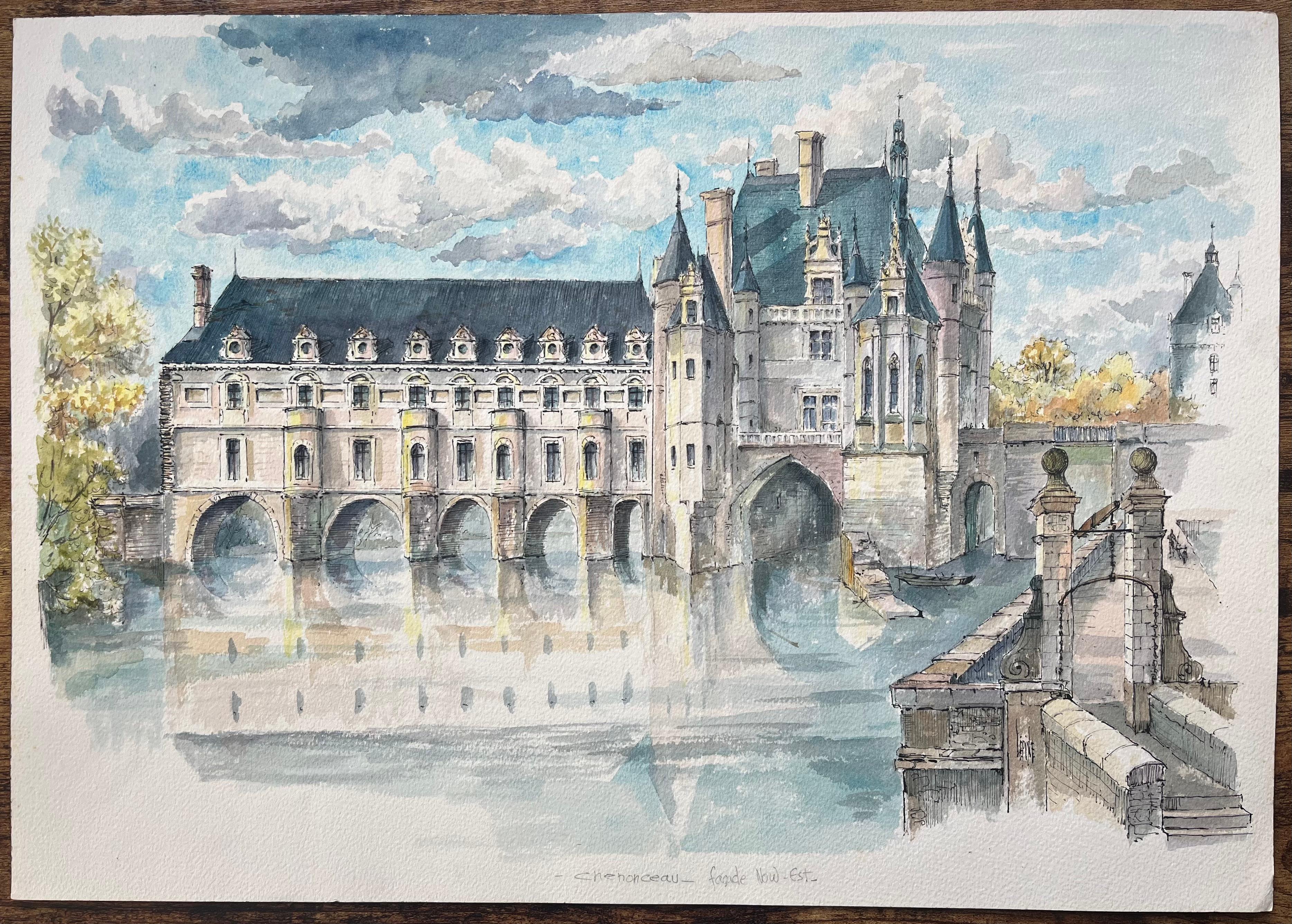 Französisches Aquarell von Château de Chenonceau: Perspektive aus dem Nordosten – Art von Robert Lepine (1929 - 2017)