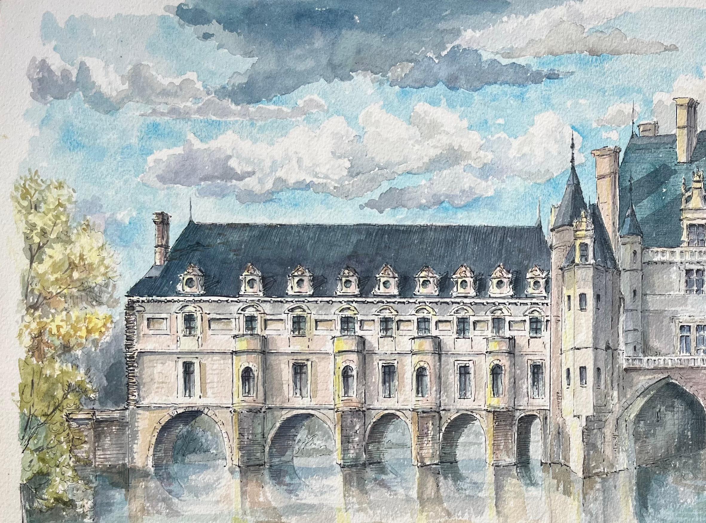 Französisches Aquarell von Château de Chenonceau: Perspektive aus dem Nordosten im Angebot 1