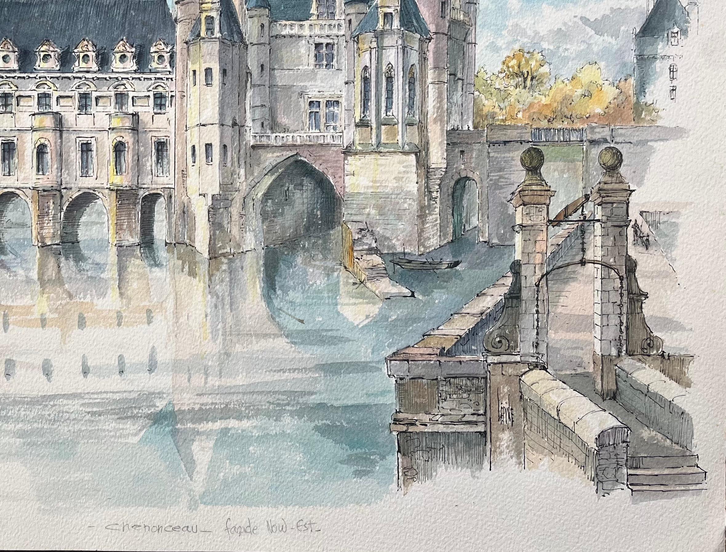 Französisches Aquarell von Château de Chenonceau: Perspektive aus dem Nordosten (Französische Schule), Art, von Robert Lepine (1929 - 2017)