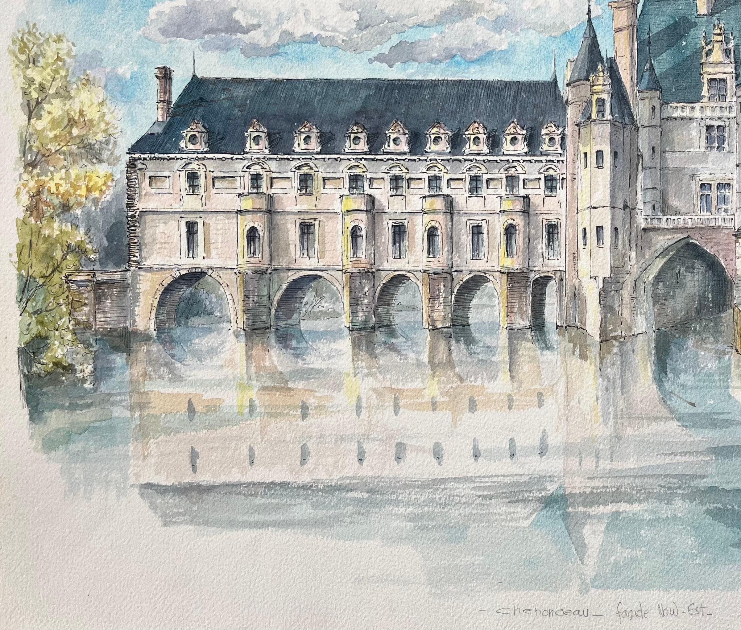Französisches Aquarell von Château de Chenonceau: Perspektive aus dem Nordosten (Grau), Landscape Art, von Robert Lepine (1929 - 2017)