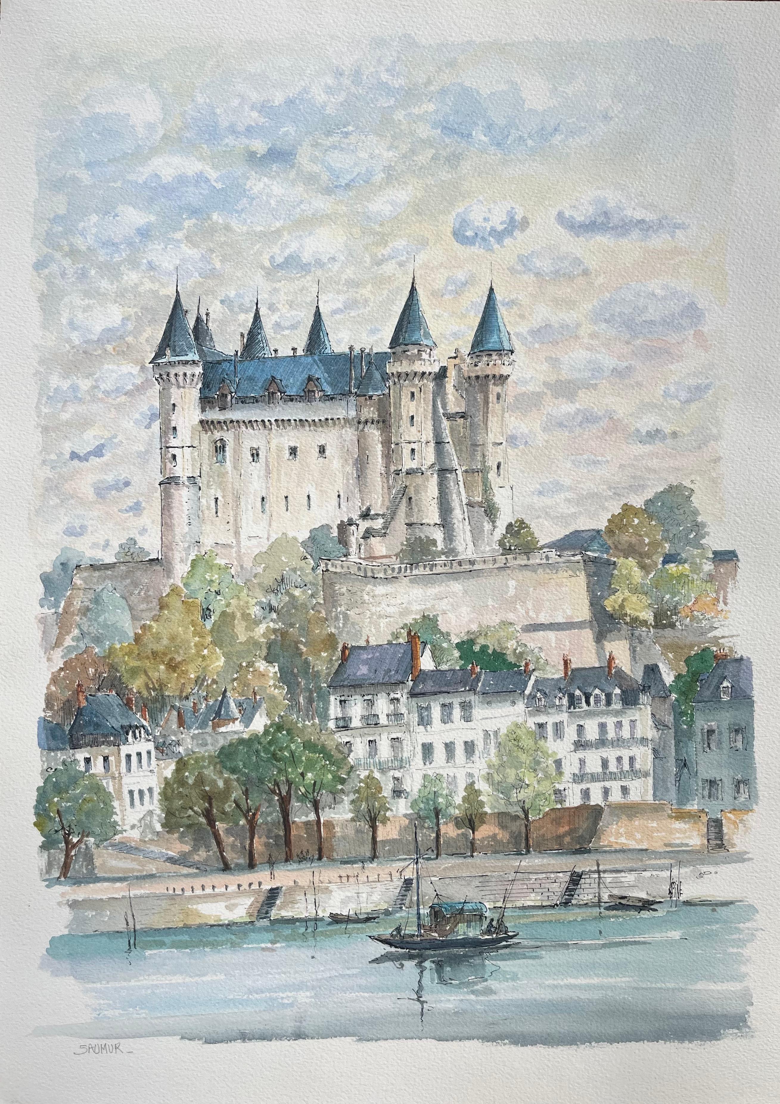 Robert Lepine (1929 - 2017) Landscape Art - French Watercolor of "Château de Saumur: Riverside View"