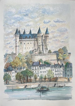 Acuarela francesa del "Castillo de Saumur: Vista de la ribera"
