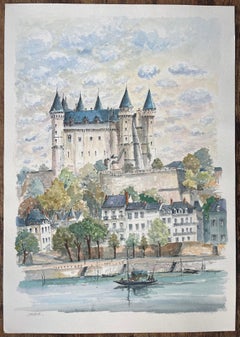 French Watercolor of "Château de Saumur: Riverside View"