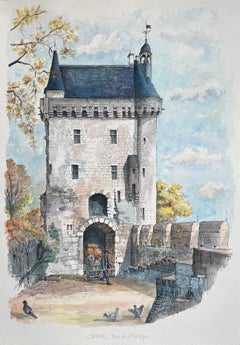 Acuarela francesa de Chinon: Tour de l'Horloge con figura de carro