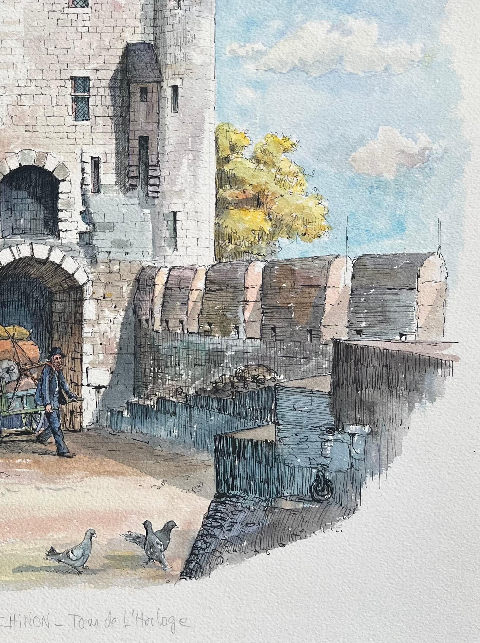 French Watercolor of Chinon: Tour de l'Horloge with Cart Figure - French School Painting by Robert Lepine (1929 - 2017)