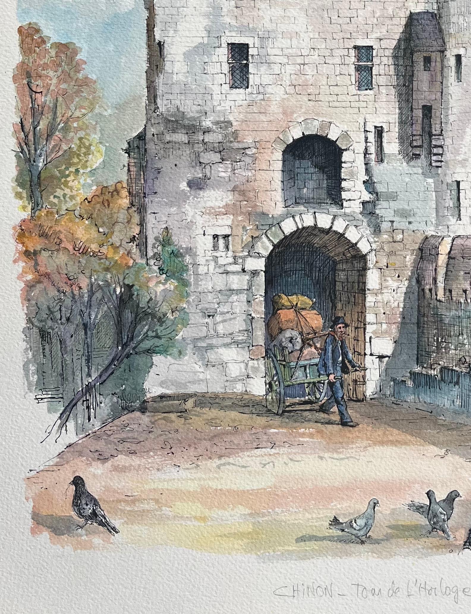 French Watercolor of Chinon: Tour de l'Horloge with Cart Figure - Gray Landscape Painting by Robert Lepine (1929 - 2017)