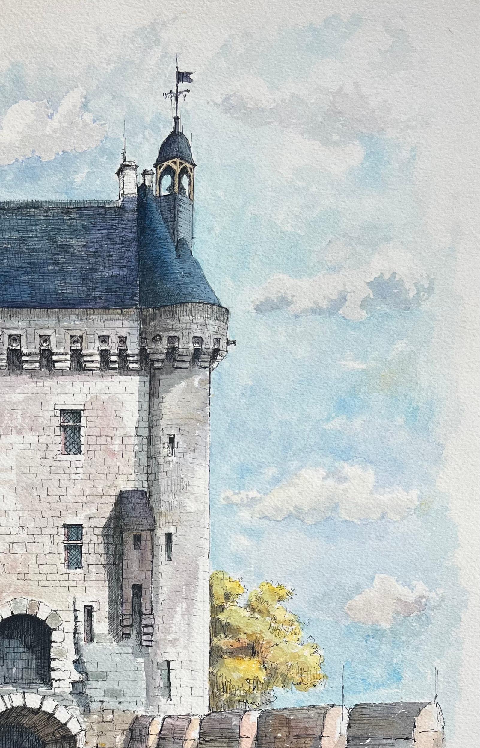 French Watercolor of Chinon: Tour de l'Horloge with Cart Figure For Sale 1
